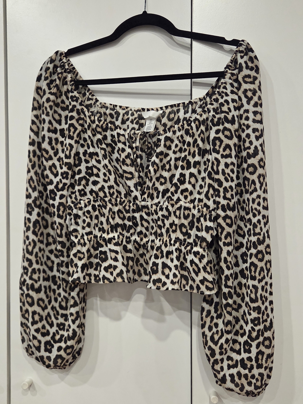 H&M Leopard-Print Peasant Top - Beige, Black